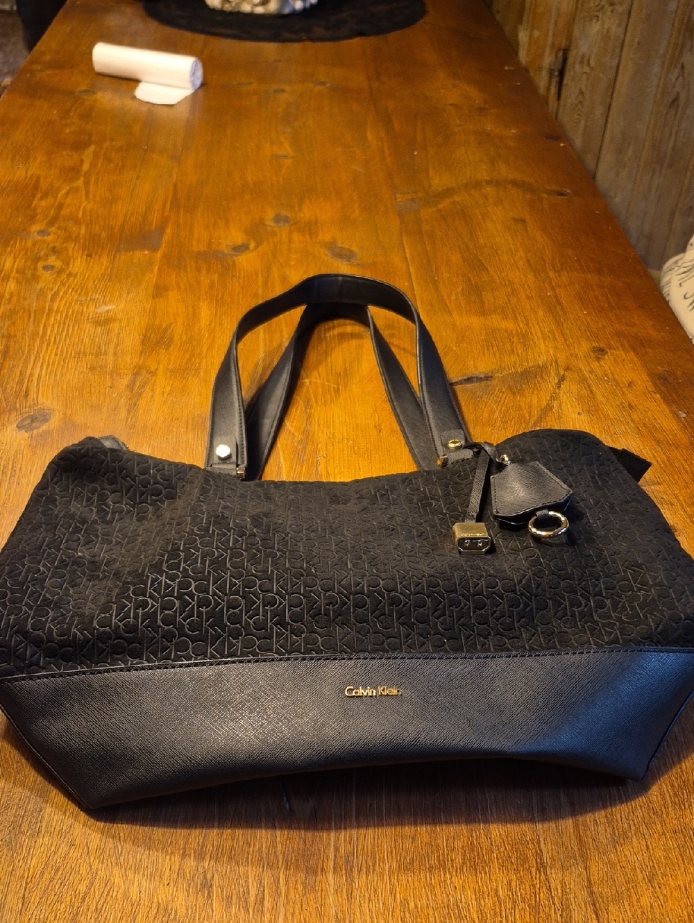 Calvin Klein Black Logo Jacquard Tote with Gold Accent
